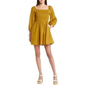 NWT Lost + Wander Sz XS 100% Cotton Smocked Bodice Mini Dress Mustard Yellow